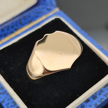 Load image into Gallery viewer, A yellow gold shield shaped signet ring, in a ring box
