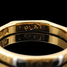 Load image into Gallery viewer, An eight sided band ring in gold and platinum with floral engraving, stamped PLAT, on a black background
