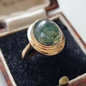 Vintage 9ct Yellow Gold Moss Agate Solitaire Ring