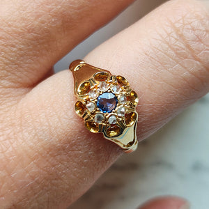 Edwardian 18ct Gold Sapphire and Diamond Cluster Ring, Hallmarked Chester 1906