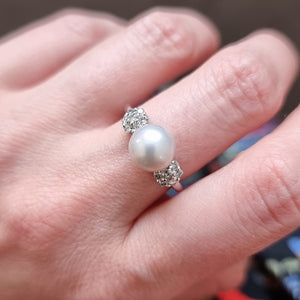 14k White Gold Pearl and Diamond Ring modelled