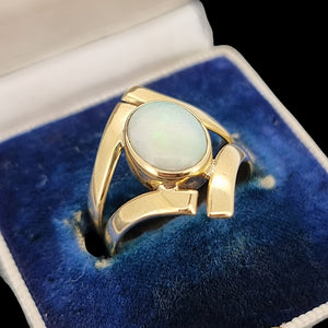 Vintage 9ct Yellow Gold Opal Crossover Dress Ring in a vintage ring box