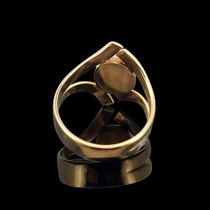 Vintage 9ct Yellow Gold Opal Crossover Dress Ring back view, on a black background