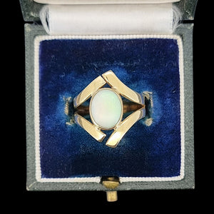 Vintage 9ct Yellow Gold Opal Crossover Dress Ring in a vintage ring box