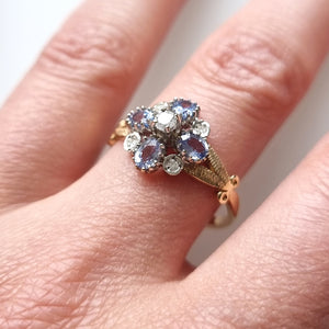 Vintage 9ct Gold Tanzanite and Diamond Cluster Ring modelled