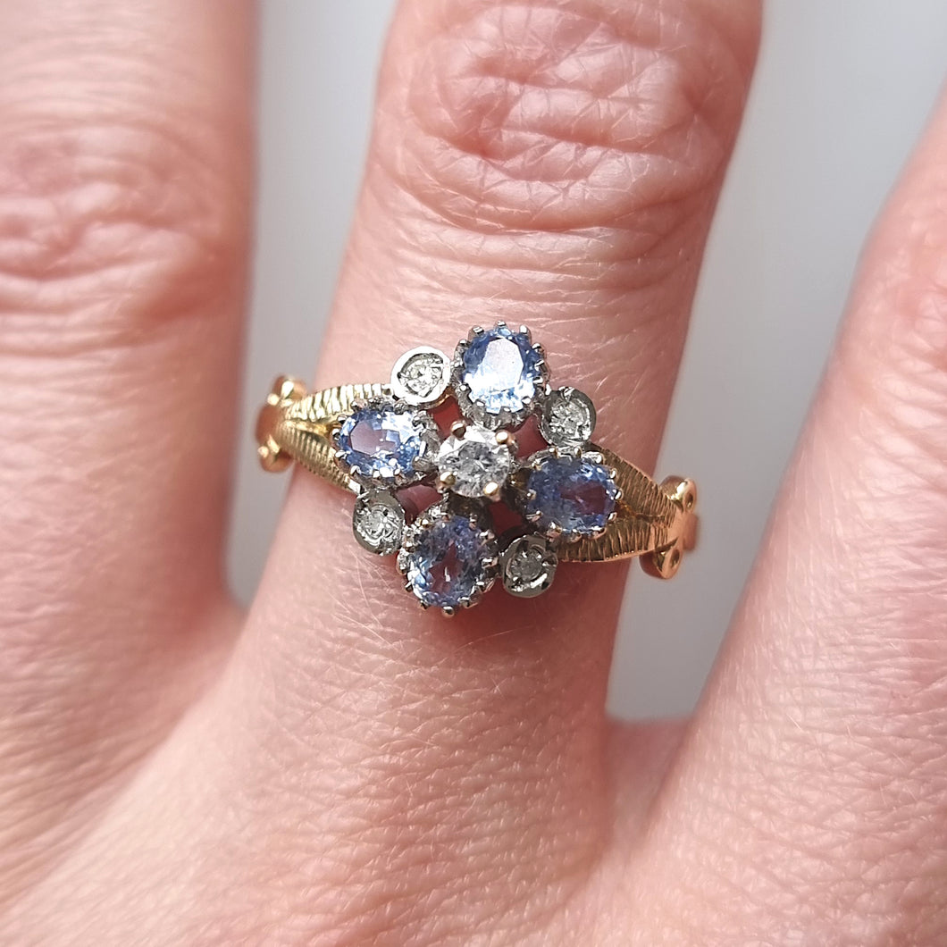 Vintage 9ct Gold Tanzanite and Diamond Cluster Ring modelled