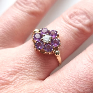 Vintage 9ct Gold Amethyst and Diamond Flower Cluster Ring