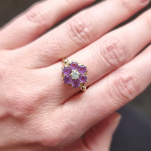 Vintage 9ct Gold Amethyst and Diamond Flower Cluster Ring