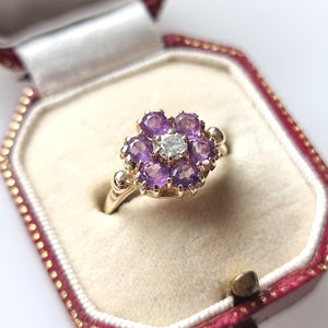 Vintage 9ct Gold Amethyst and Diamond Flower Cluster Ring