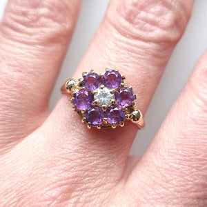 Vintage 9ct Gold Amethyst and Diamond Flower Cluster Ring