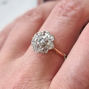 Yellow gold ring with diamond cluster on a finger