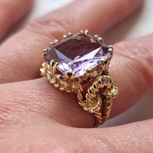 Vintage 9ct Yellow Gold Amethyst Rope Design Statement Ring