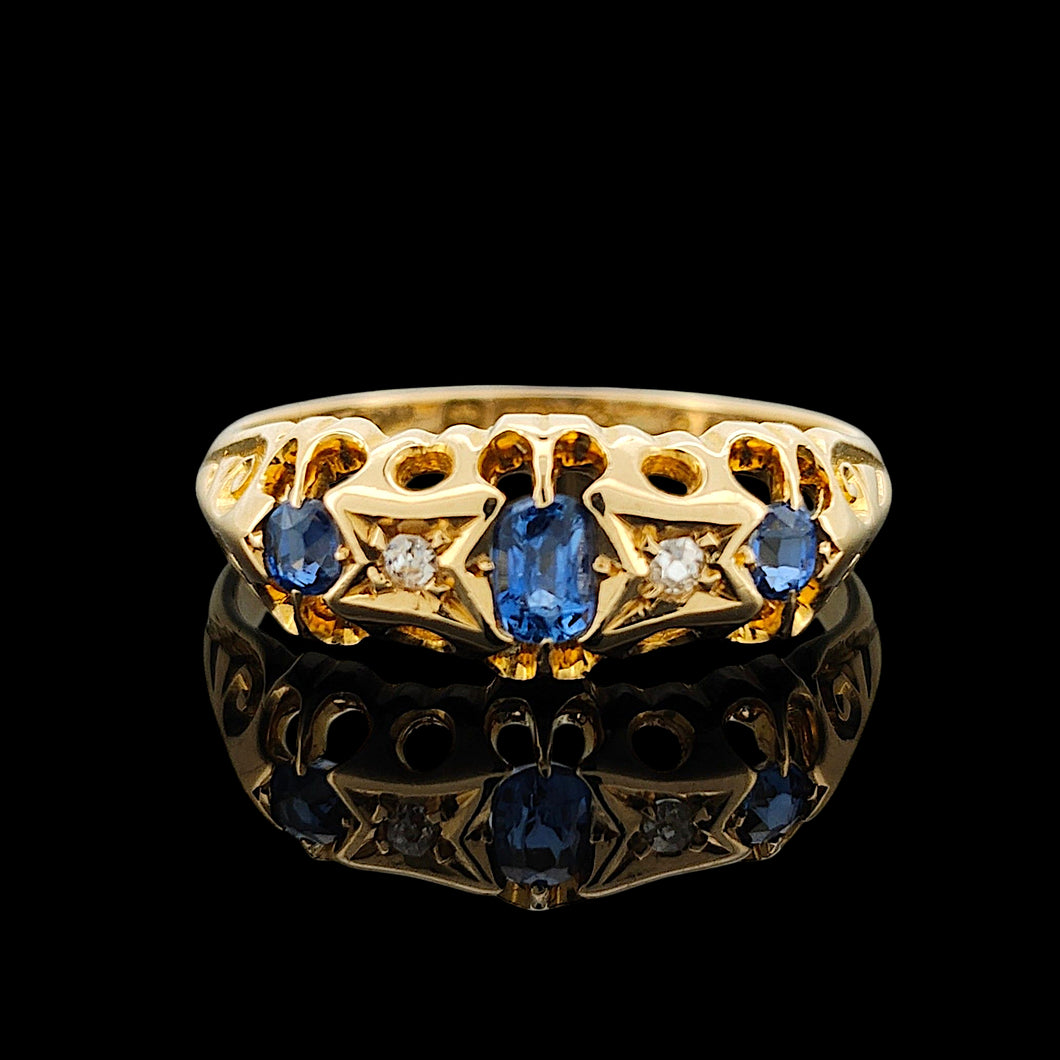 Antique 18ct Yellow Gold Sapphire and Diamond Five Stone Ring