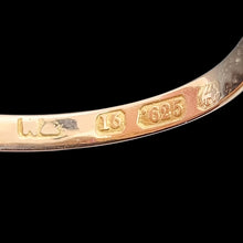 Load image into Gallery viewer, Close-up of a 15ct gold hallmark and a Birmingham assay stamp on a black background
