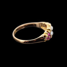 Load image into Gallery viewer, Gold ring with pearls, diamonds and rubies on a black background
