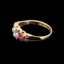 Load image into Gallery viewer, Gold ring with pearls, diamonds and rubies on a black background
