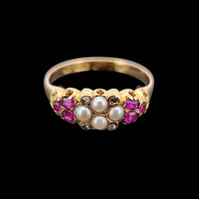 Load image into Gallery viewer, Gold ring with pearls, diamonds and rubies on a black background
