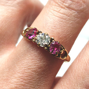 Antique 18ct Yellow Gold Ruby and Diamond Three Stone Ring
