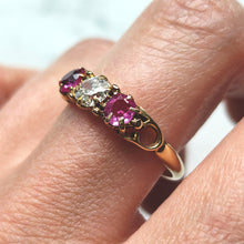 Load image into Gallery viewer, Antique 18ct Yellow Gold Ruby and Diamond Three Stone Ring
