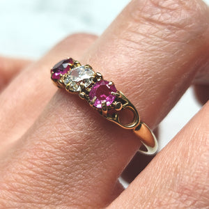 Antique 18ct Yellow Gold Ruby and Diamond Three Stone Ring