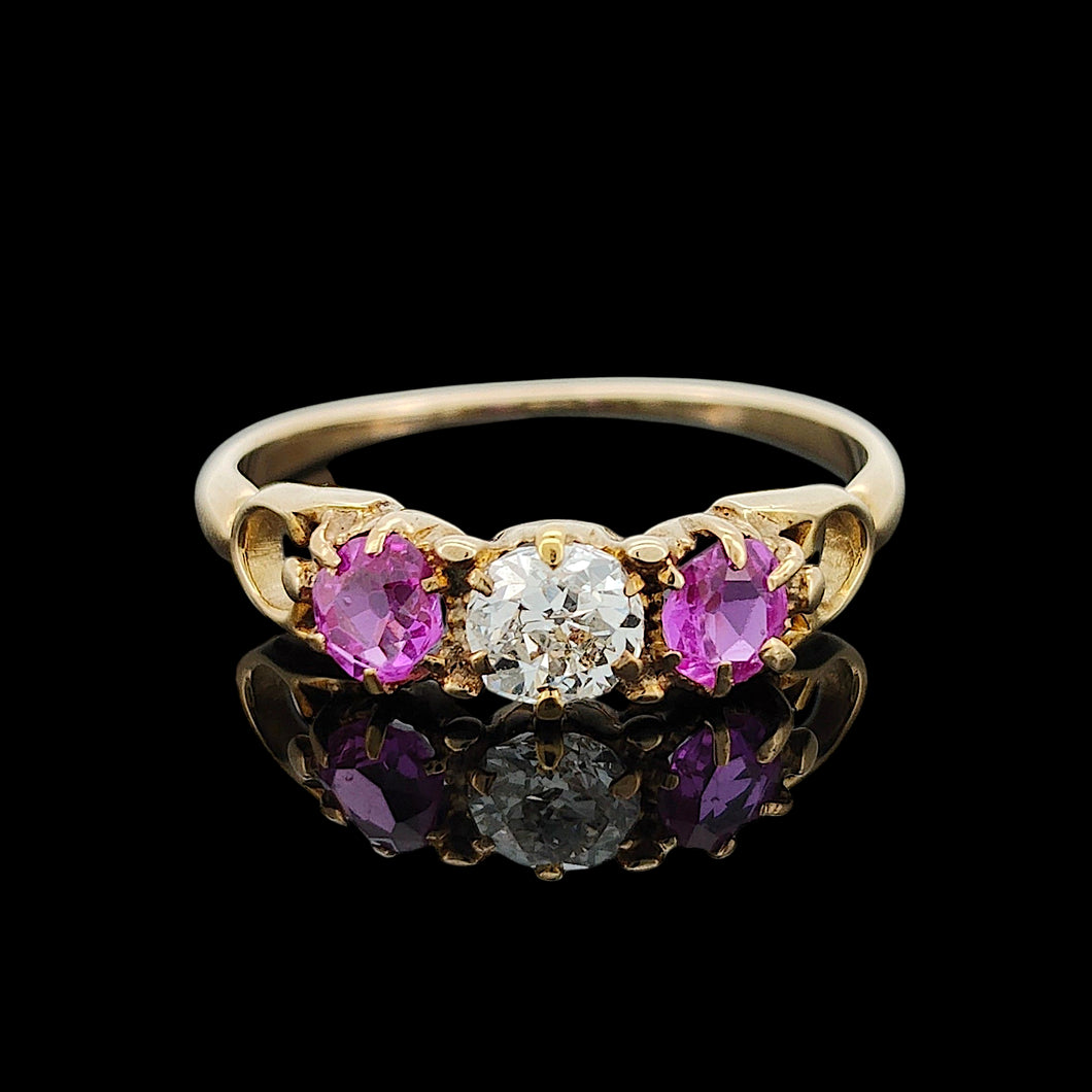 Antique 18ct Yellow Gold Ruby and Diamond Three Stone Ring
