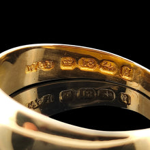 Load image into Gallery viewer, A close-up of an 18ct hallmark and a maker's mark inside a yellow gold band, on a black background
