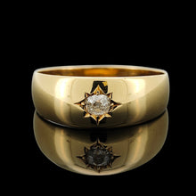 Load image into Gallery viewer, A solitaire old cut diamond gypsy set ring in yellow gold, on a black background
