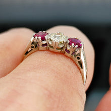 Load image into Gallery viewer, Vintage 18ct Gold Ruby and Diamond Three Stone Ring
