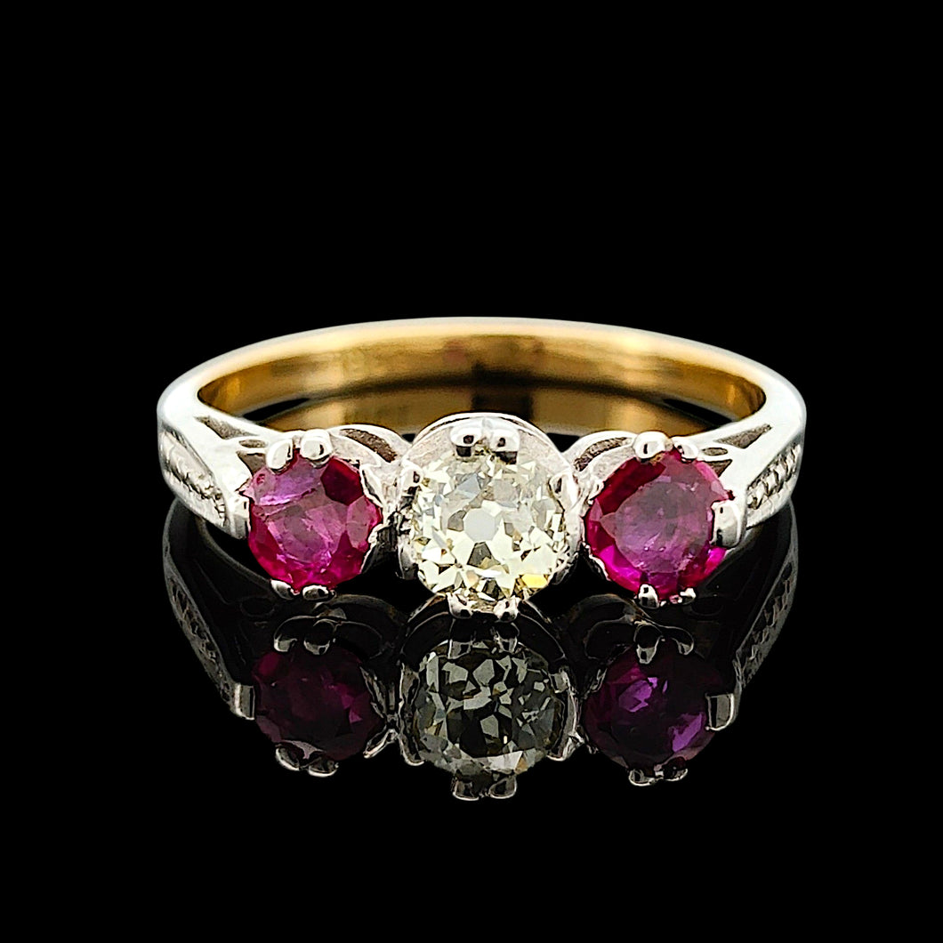 Vintage 18ct Gold Ruby and Diamond Three Stone Ring