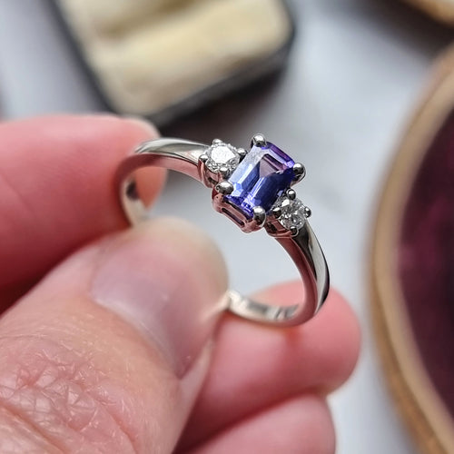 18ct White Gold Tanzanite and Diamond Three Stone Ring, 0.54ct in hand