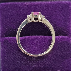 18ct White Gold Pink Sapphire and Diamond Three Stone Ring side profile