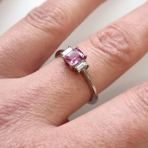 18ct White Gold Pink Sapphire and Diamond Three Stone Ring modelled