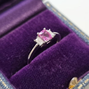 18ct White Gold Pink Sapphire and Diamond Three Stone Ring in box