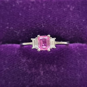 18ct White Gold Pink Sapphire and Diamond Three Stone Ring in box