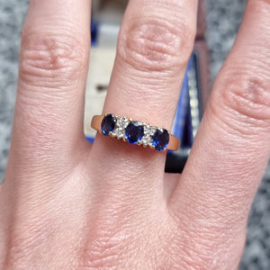 Vintage 18ct Gold Sapphire and Diamond Seven Stone Ring modelled