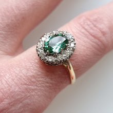 Load image into Gallery viewer, Vintage 18ct Gold Mint Tourmaline and Diamond Cluster Ring modelled
