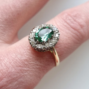 Vintage 18ct Gold Mint Tourmaline and Diamond Cluster Ring modelled