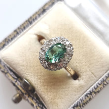 Load image into Gallery viewer, Vintage 18ct Gold Mint Tourmaline and Diamond Cluster Ring in box

