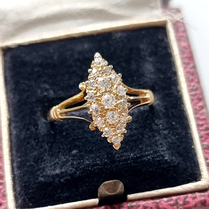  Antique 18ct Gold Diamond Navette Cluster Ring, Hallmarked Birmingham 1914 in box