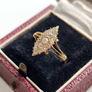  Antique 18ct Gold Diamond Navette Cluster Ring, Hallmarked Birmingham 1914 in box