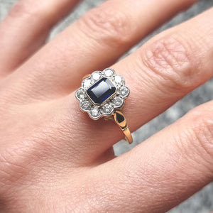 Vintage 18ct Yellow & White Gold Sapphire and Diamond Cluster Ring modelled