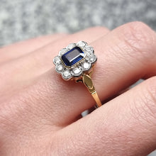Load image into Gallery viewer, Vintage 18ct Yellow &amp; White Gold Sapphire and Diamond Cluster Ring modelled
