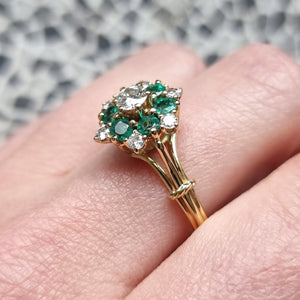 Vintage 18ct Gold Emerald and Diamond Cluster Ring modelled