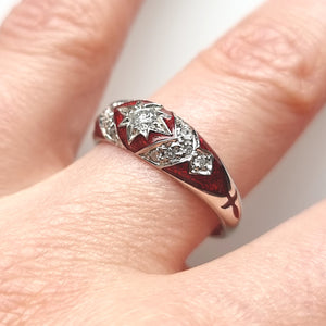 18ct White Gold Diamond and Red Enamel Ring modelled