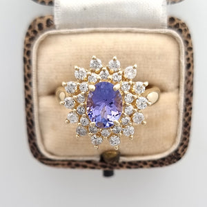Vintage 14k Gold Tanzanite and Diamond Cluster Ring, 1.46ct in box