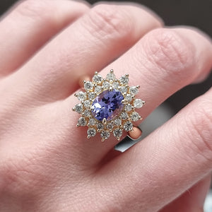 Vintage 14k Gold Tanzanite and Diamond Cluster Ring, 1.46ct modelled