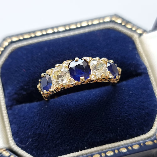 Antique 18ct Gold Sapphire and Diamond Five Stone Ring, 1.76ct in box