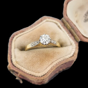 Vintage 18ct Gold and Platinum Diamond Ring with Diamond Shoulders, 0.33ct in an antique ring box, on a black background