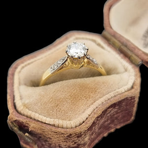 Vintage 18ct Gold and Platinum Diamond Ring with Diamond Shoulders, 0.33ct in an antique ring box, on a black background
