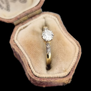 Vintage 18ct Gold and Platinum Diamond Ring with Diamond Shoulders, 0.33ct in an antique ring box, on a black background